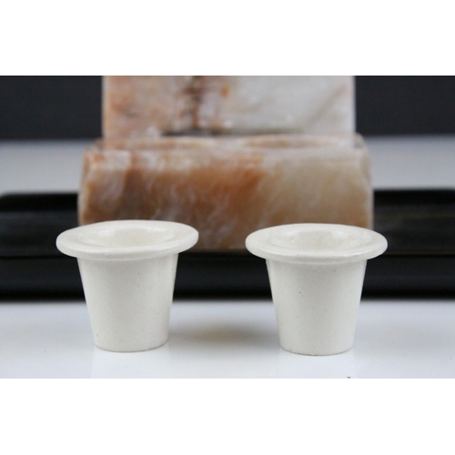 80 - Art Deco Bakelite and Marble Desk Stand, the hinged lid opening to reveal two inkwells, 24cms long