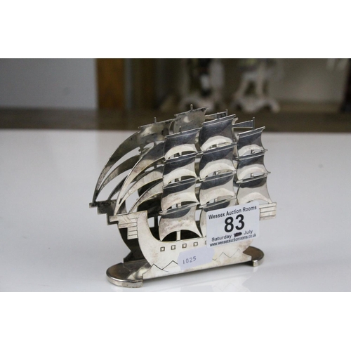 83 - Art Deco White Metal Letter Rack in the form of a Sailing Ship, 10cms high