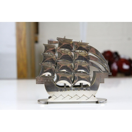 83 - Art Deco White Metal Letter Rack in the form of a Sailing Ship, 10cms high