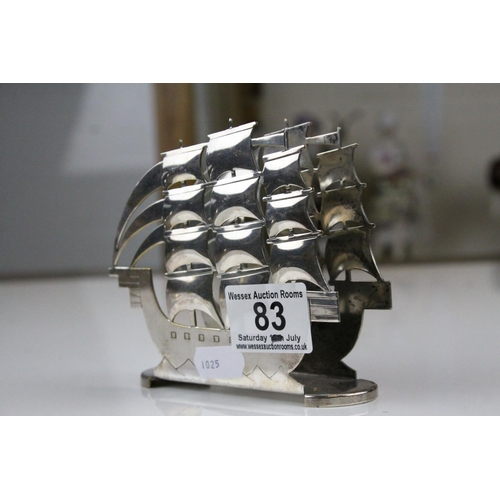 83 - Art Deco White Metal Letter Rack in the form of a Sailing Ship, 10cms high