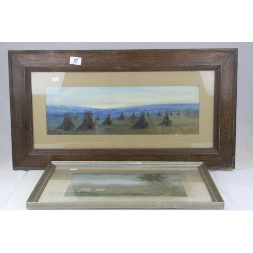 87 - Watercolour of Hay Ricks signed lower left Olive Neatt?, 53cms x 17cms, oak framed and glazed togeth... 
