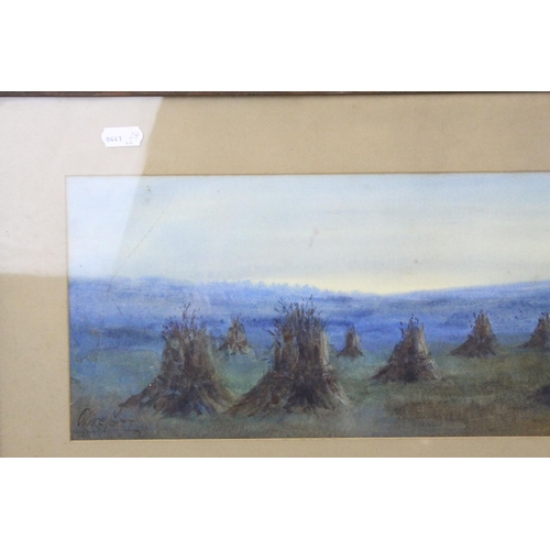 87 - Watercolour of Hay Ricks signed lower left Olive Neatt?, 53cms x 17cms, oak framed and glazed togeth... 