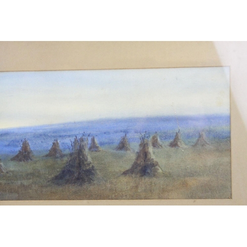 87 - Watercolour of Hay Ricks signed lower left Olive Neatt?, 53cms x 17cms, oak framed and glazed togeth... 