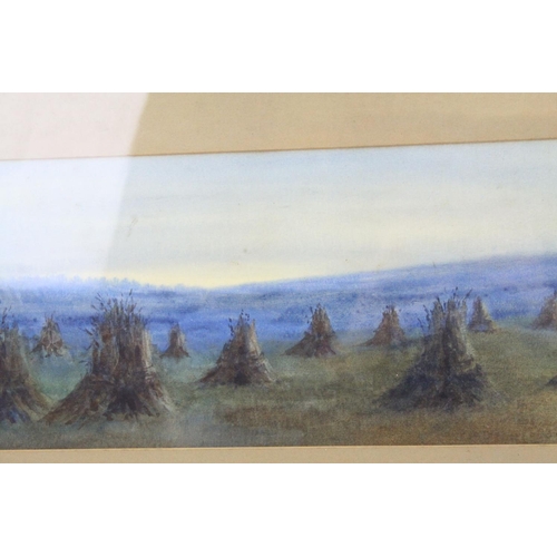 87 - Watercolour of Hay Ricks signed lower left Olive Neatt?, 53cms x 17cms, oak framed and glazed togeth... 