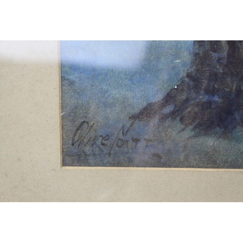 87 - Watercolour of Hay Ricks signed lower left Olive Neatt?, 53cms x 17cms, oak framed and glazed togeth... 