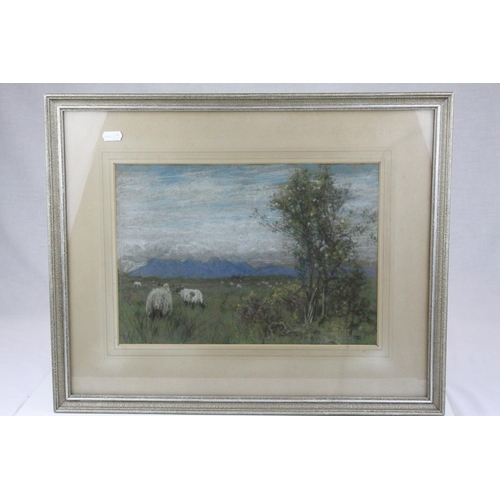 87 - Watercolour of Hay Ricks signed lower left Olive Neatt?, 53cms x 17cms, oak framed and glazed togeth... 
