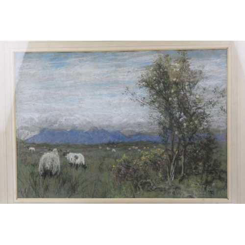 87 - Watercolour of Hay Ricks signed lower left Olive Neatt?, 53cms x 17cms, oak framed and glazed togeth... 