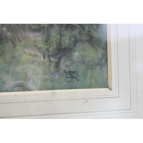 87 - Watercolour of Hay Ricks signed lower left Olive Neatt?, 53cms x 17cms, oak framed and glazed togeth... 