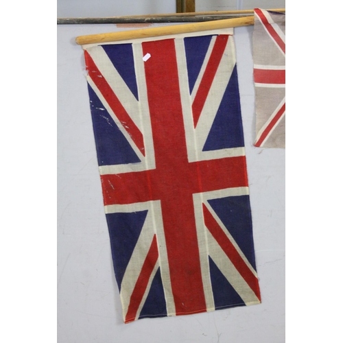 96A - Three Vintage Union Jack Flags on Poles, the largest flag 88cms x 66cms