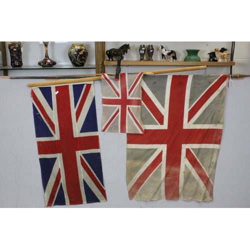 96A - Three Vintage Union Jack Flags on Poles, the largest flag 88cms x 66cms