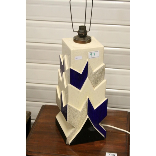 97 - Art Deco French Pottery ' Charles Harva ' Table Lamp with a Geometric Design, marked to base ( 36cms... 