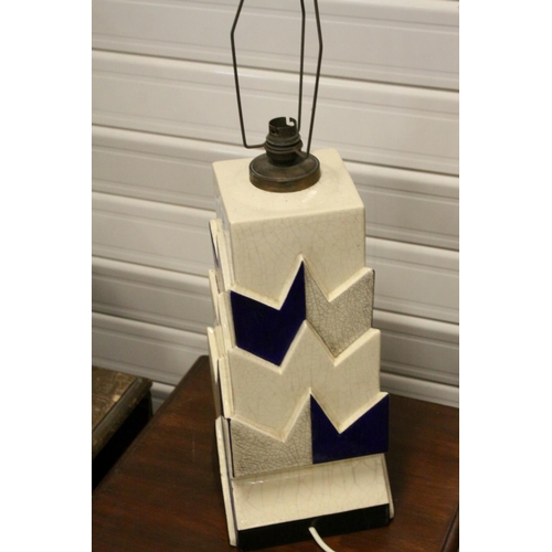 97 - Art Deco French Pottery ' Charles Harva ' Table Lamp with a Geometric Design, marked to base ( 36cms... 