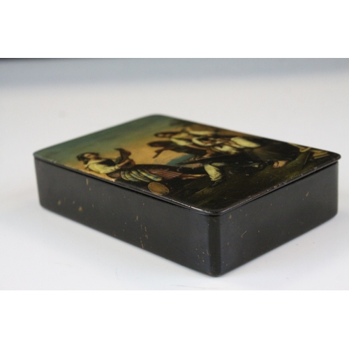 276a - 19th century Stobwasser papier mache lacquered snuff box, hand painted idyllic scene depicting artis... 