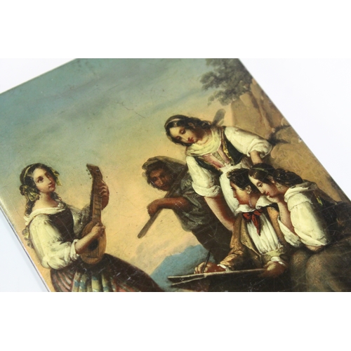 276a - 19th century Stobwasser papier mache lacquered snuff box, hand painted idyllic scene depicting artis... 