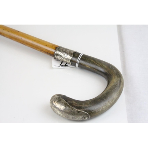 77 - Horn Handled Walking Stick with White Metal Tip and Band