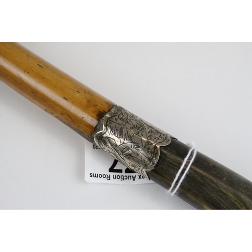 77 - Horn Handled Walking Stick with White Metal Tip and Band