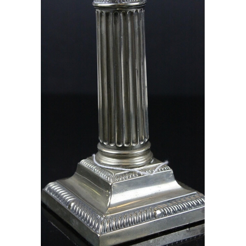 87 - Pair of Silver Plated Corinthian Column Candlesticks, h.17cms