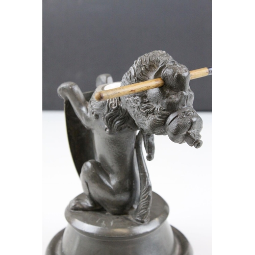 93 - 19th century Pewter Inkwell and Quill Holder in the form of a Lion sitting on his back legs and hold... 