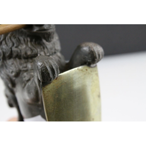 93 - 19th century Pewter Inkwell and Quill Holder in the form of a Lion sitting on his back legs and hold... 