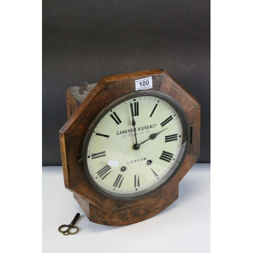 100 - 19th century Wall Clock contained in an Octagonal Brass Inlaid Fruitwood Case, the white enamel face... 