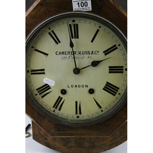 100 - 19th century Wall Clock contained in an Octagonal Brass Inlaid Fruitwood Case, the white enamel face... 