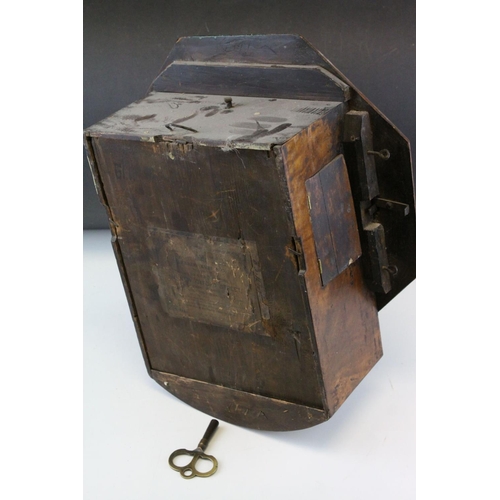 100 - 19th century Wall Clock contained in an Octagonal Brass Inlaid Fruitwood Case, the white enamel face... 