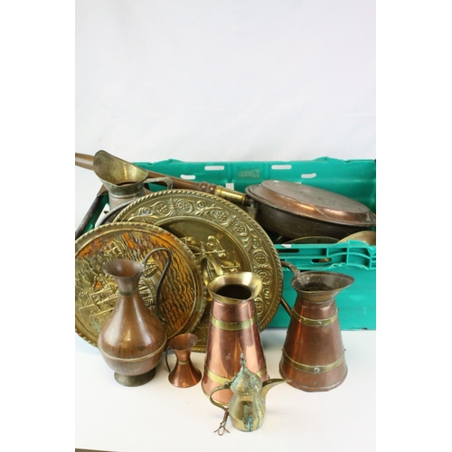 105 - Box of copper and brass collectables to include; Oriental copper bed pan, graduated set of pans etc