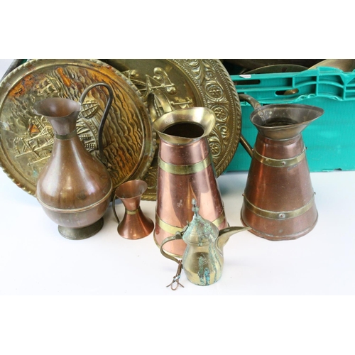 105 - Box of copper and brass collectables to include; Oriental copper bed pan, graduated set of pans etc