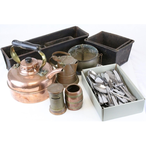 109 - Copper Kettle, Copper & Brass Moneybox in the form of a Letterbox, Three Further items of Copper, Fo... 
