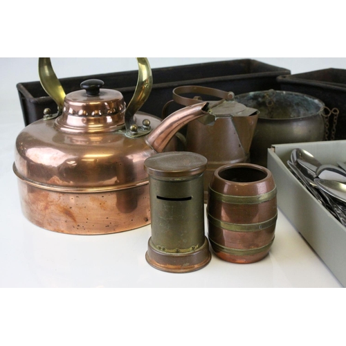 109 - Copper Kettle, Copper & Brass Moneybox in the form of a Letterbox, Three Further items of Copper, Fo... 