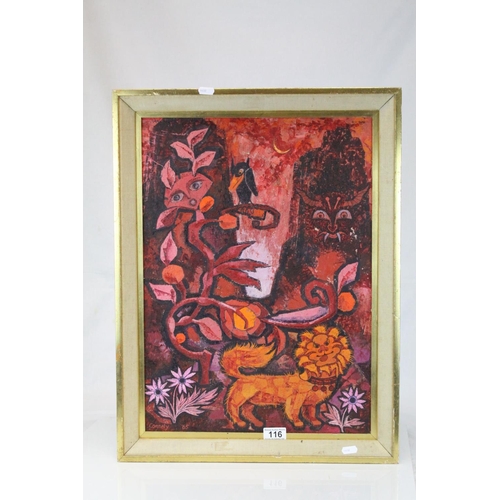 116 - Conelly mid 20th century oil on board modernist scene with styalised creatures in a garden setting,s... 