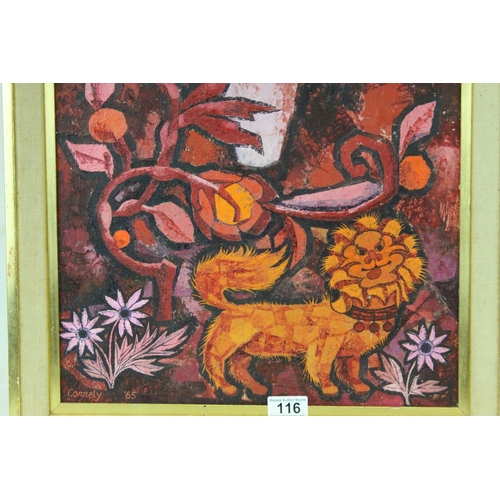 116 - Conelly mid 20th century oil on board modernist scene with styalised creatures in a garden setting,s... 