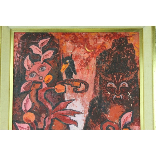 116 - Conelly mid 20th century oil on board modernist scene with styalised creatures in a garden setting,s... 