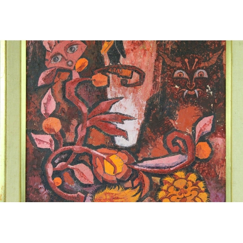 116 - Conelly mid 20th century oil on board modernist scene with styalised creatures in a garden setting,s... 