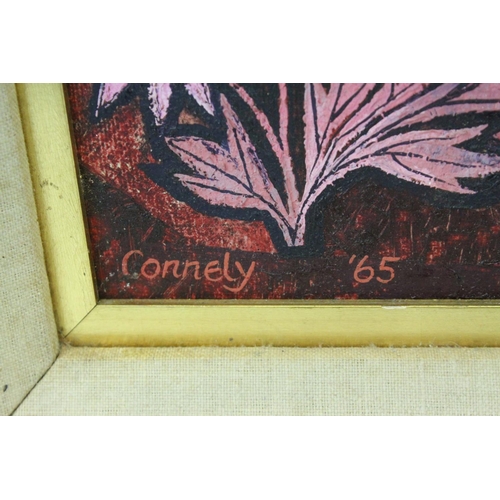 116 - Conelly mid 20th century oil on board modernist scene with styalised creatures in a garden setting,s... 