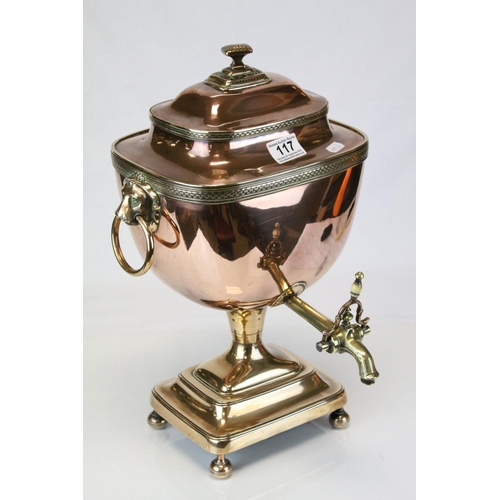 117 - Regency Copper Tea Urn / Samovar with Lion Mask Ring Handles and Brass Tap, h.44cms