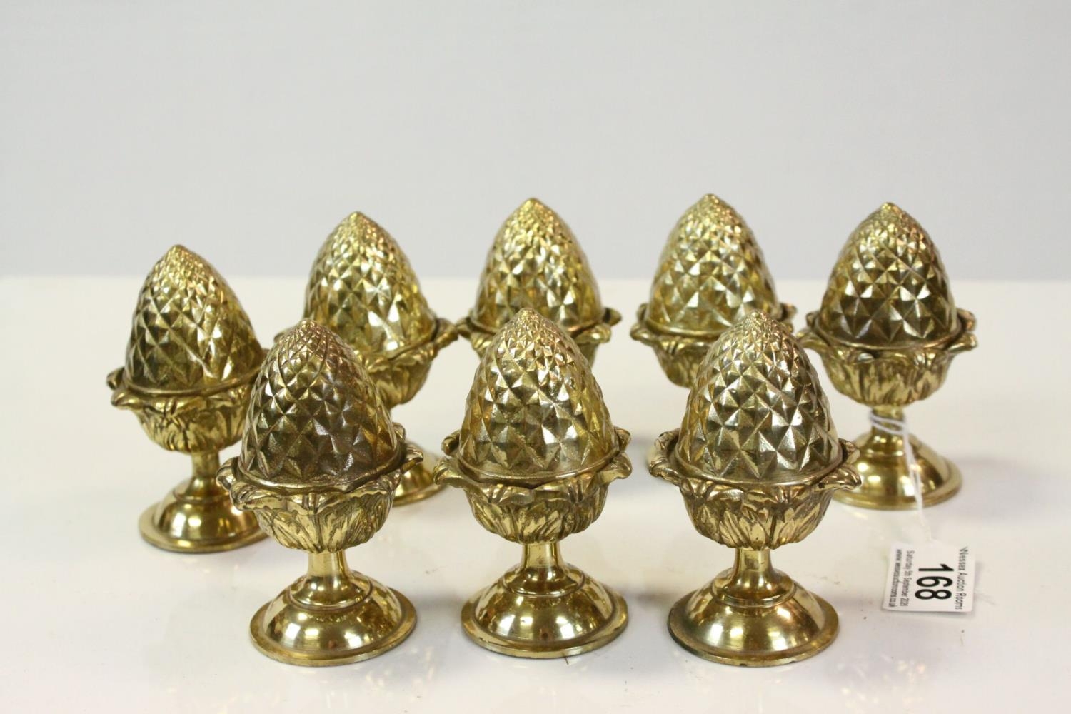 Set of Eight Brass Pine Cone Door Knobs / Finials, h.10cms