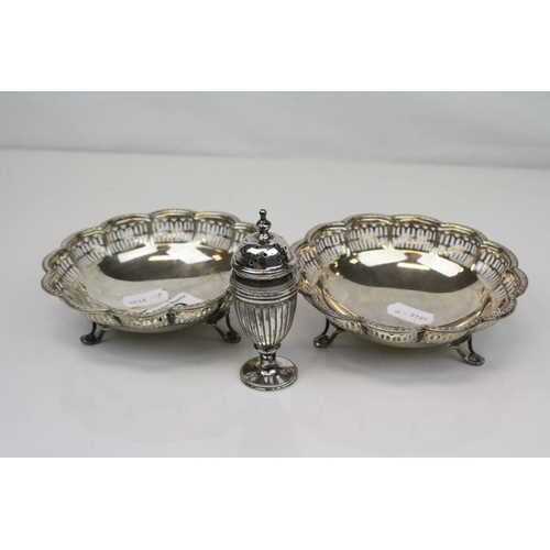 289 - A pair of fully hallmarked sterling silver bonbon dishes together with a hallmarked silver pepper sh... 