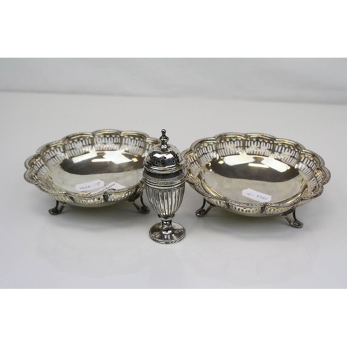 289 - A pair of fully hallmarked sterling silver bonbon dishes together with a hallmarked silver pepper sh... 