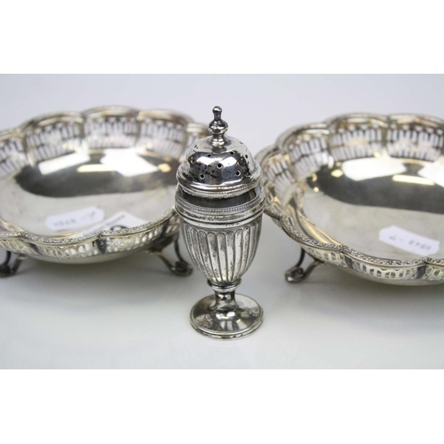 289 - A pair of fully hallmarked sterling silver bonbon dishes together with a hallmarked silver pepper sh... 