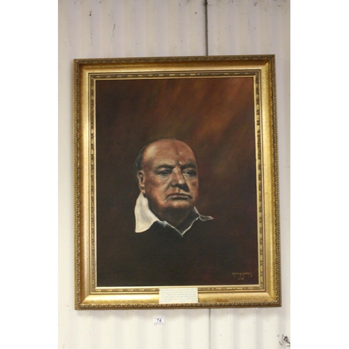 74 - George Heapy oil painting portrait of Winston Churchill with inscription plaque signed 74  70 x 54 c... 