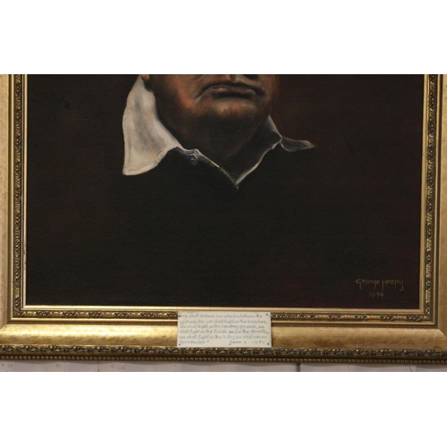 74 - George Heapy oil painting portrait of Winston Churchill with inscription plaque signed 74  70 x 54 c... 
