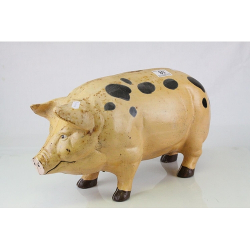80 - Large Painted Cast Iron Pig Moneybox. L.46cms
