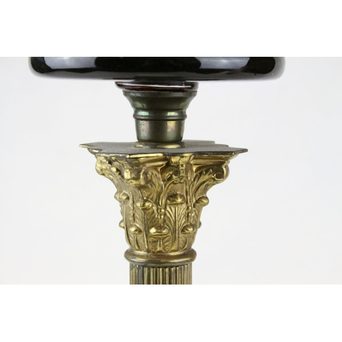 81 - Victorian Brass Corinthian Column Oil Lamp with Purple Glass Well and Opaque Glass Shade, h.76cms