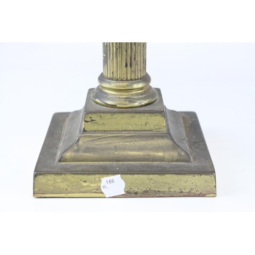 81 - Victorian Brass Corinthian Column Oil Lamp with Purple Glass Well and Opaque Glass Shade, h.76cms