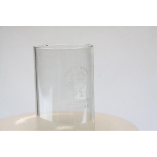 81 - Victorian Brass Corinthian Column Oil Lamp with Purple Glass Well and Opaque Glass Shade, h.76cms