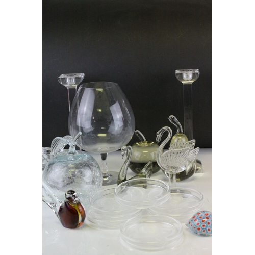 83 - Tray of Mixed Glassware including Candlesticks, Paperweights, Bowls, etc