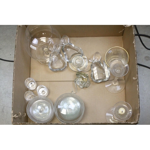 83 - Tray of Mixed Glassware including Candlesticks, Paperweights, Bowls, etc
