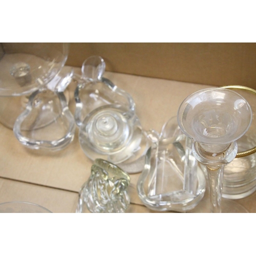 83 - Tray of Mixed Glassware including Candlesticks, Paperweights, Bowls, etc