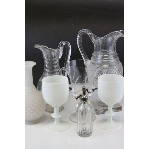 84 - Collection of mainly 19th century Glassware including Jugs, Decanters, Claret Jug, etc